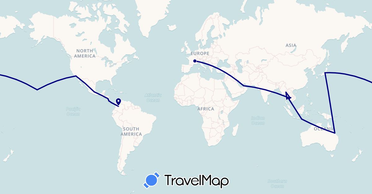 TravelMap itinerary: driving in United Arab Emirates, Australia, Colombia, Costa Rica, France, Indonesia, Japan, Cambodia, Mexico, Nicaragua, Panama, Thailand, United States (Asia, Europe, North America, Oceania, South America)
